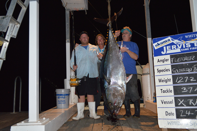ANGLER: Fletcher Scott SPECIES: Southern Bluefin Tuna WEIGHT: 127.2kg LURE: JB Lures, 10" Stripey Ripper